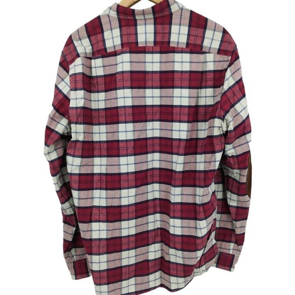 J Crew Flannel Plaid Chamois Elbow Patch Button Up Shirt Size L Red Blue Preppy - Picture 7 of 14